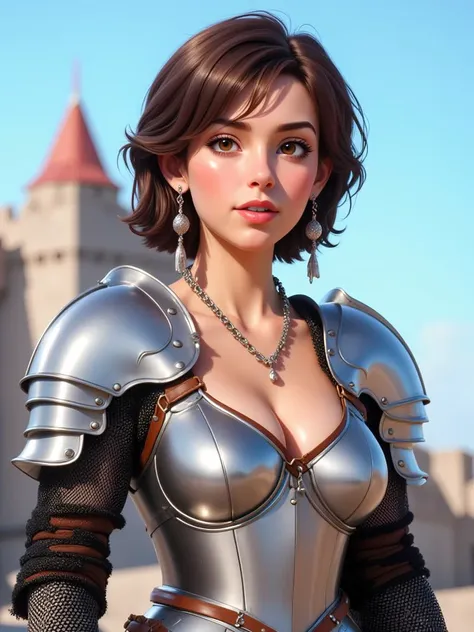 1girl, solo, breasts, looking at viewer, short hair, brown hair, cleavage, jewelry, medium breasts, brown eyes, collarbone, upper body, outdoors, earrings, parted lips, sky, day, blurry, armor, blue sky, lips, blurry background, shoulder armor, pauldrons, breastplate, nose, castle, tower, chainmail