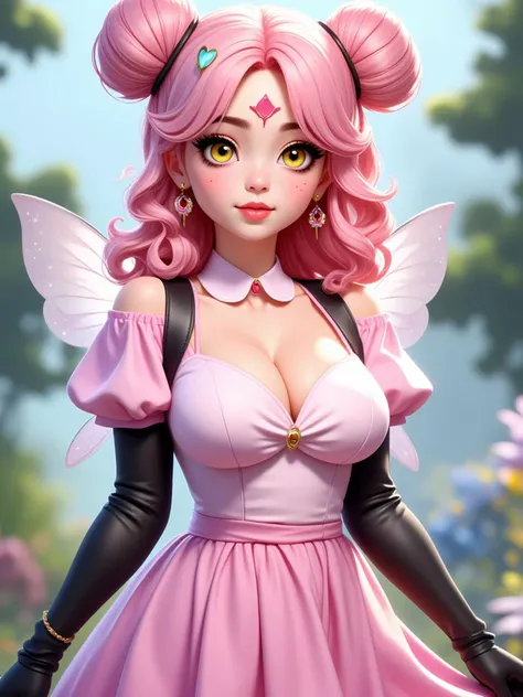 1girl, solo, breasts, looking at viewer, skirt, hair ornament, gloves, dress, cleavage, jewelry, medium breasts, upper body, yellow eyes, pink hair, multicolored hair, short sleeves, heart, outdoors, earrings, wings, black gloves, puffy sleeves, elbow gloves, hair bun, mole, blurry, puffy short sleeves, eyelashes, lips, mole under eye, detached collar, double bun, blurry background, makeup, depth of field, facial mark, bug, gem, pink dress, eyeshadow, pink skirt, curly hair, arms at sides, forehead mark, antennae, straight-on, fairy wings, heart earrings, insect wings, butterfly wings, mascara