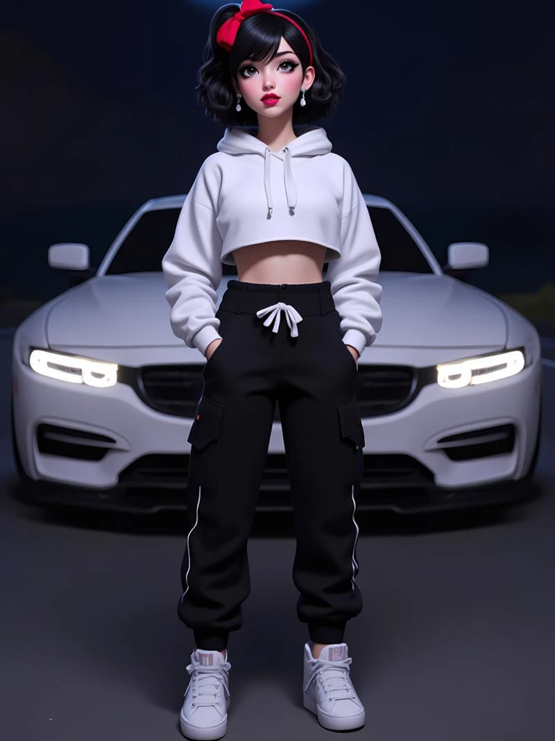 1girl, solo, looking at viewer, short hair, black hair, bow, navel, jewelry, standing, full body, hair bow, earrings, hairband, shoes, pants, belt, midriff, hood, red bow, crop top, hoodie, makeup, night, black pants, white footwear, hood down, sneakers, lipstick, motor vehicle, hands in pockets, red lips, car, white hoodie, vehicle focus, sports car, cropped hoodie