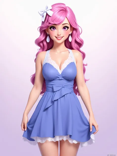 1girl, solo, long hair, breasts, looking at viewer, blush, smile, dress, bow, ribbon, cleavage, jewelry, medium breasts, standing, underwear, panties, pink hair, hair bow, cowboy shot, earrings, teeth, sleeveless, pink eyes, grin, clothes lift, lips, clothing cutout, sleeveless dress, gradient background, blue dress, ass visible through thighs, drill hair, cleavage cutout, white bow, lifted by self, lace trim, lace, dress lift, curly hair, blue panties