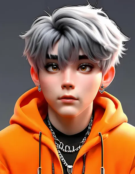 short hair, shirt, 1boy, jewelry, brown eyes, jacket, upper body, grey hair, male focus, earrings, hood, necklace, hoodie, orange jacket