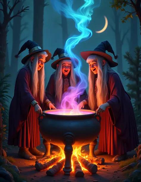 Three old crone witches over a cauldron of some potion boiling over a fire, they are happily cackling together, fire light, colorful fumes and vabors, crescent moon, trees in the background