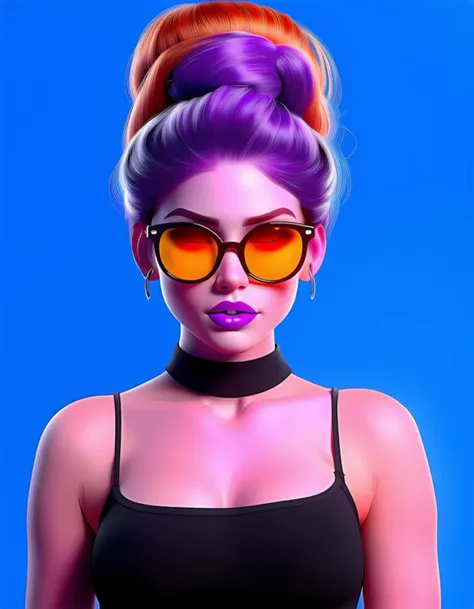 best quality, 4k, 8k, masterpiece, ultra-detailed, photorealistic, woman, looking at viewer, shirt, closed mouth, bare shoulders, upper body, purple hair, multicolored hair, sleeveless, choker, hair bun, lips, colored skin, blue background, sunglasses, tinted eyewear, purple skin, orange-tinted eyewear