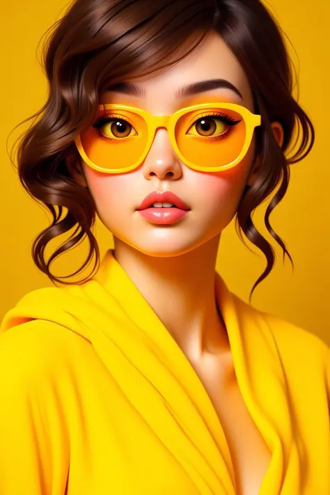 A person with striking yellow sunglasses, matching yellow eyeshadow, and peach-colored lips is framed closely. Soft, vibrant yellow fabric drapes around their head and shoulders, complemented by the bright lighting that enhances the warm, sunny tones. Loose strands of dark hair curl delicately around the face, adding a touch of contrast to the monochromatic yellow theme. Smooth, radiant skin completes the vibrant and artistic look.