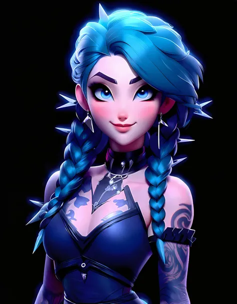 1girl, long hair, smile, gloves, jewelry, bare shoulders, blue hair, upper body, braid, earrings, fingerless gloves, necklace, collar, twin braids, tattoo, black background, letterboxed, spikes, arm tattoo, shoulder tattoo, jinx (league of legends)