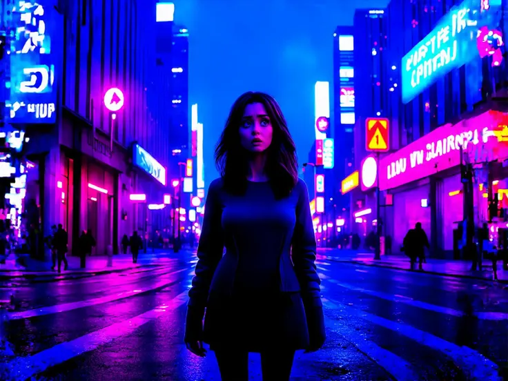 "A distant shot of a crime-filled downtown city at night, drenched in neon lights from surrounding buildings. The streets are ominous, and dark shadows hint at lurking dangers. The focal point is a beautiful, out-of-place woman standing in the middle of the street. She looks scared and lost, contrasting with the harsh urban environment. The ambient glow from the neon signs and building lights adds a soft, cinematic lighting effect. The scene is ultra-detailed and ultra-realistic, capturing every texture and nuance of the city’s gritty atmosphere.