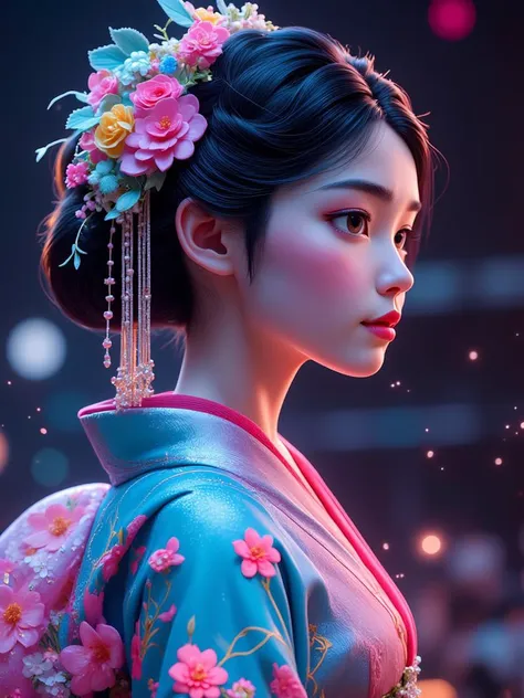 made of, tiny neon glass filaments, Android, geisha, with robotic parts, in flowery kimono, Intricate details, 8k, cinematic  subsurface scattering