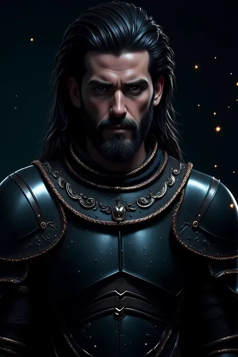 A man with rugged features and a stern expression clad in ornate, dark armor stands against a shadowy background. His long, slicked-back hair and well-groomed beard add to his intense demeanor. The armor gleams with intricate details, including engraved patterns and luminous accents. Dim, eerie light casts dramatic shadows on his face, enhancing his brooding look. Small, glistening particles are scattered in his hair and on the armor, contributing a mysterious, almost magical aura. The background is blurred, focusing attention on his resolute gaze and battle-ready stance.