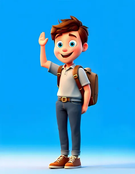 looking at viewer, smile, open mouth, short hair, blue eyes, simple background, shirt, brown hair, 1boy, standing, full body, male focus, shoes, pants, bag, blue background, brown footwear, backpack, denim, waving