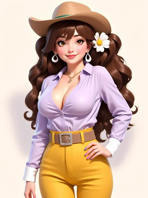 1girl, solo, long hair, breasts, looking at viewer, smile, shirt, brown hair, long sleeves, hat, cleavage, jewelry, twintails, brown eyes, ass, flower, cowboy shot, earrings, pants, belt, necklace, nail polish, hand on own hip, drill hair, white flower, high-waist pants, yellow pants