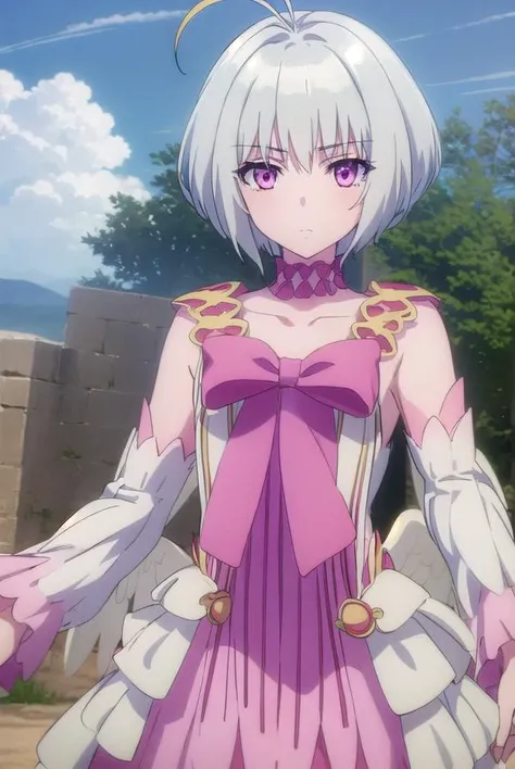 fitoria, <lora:fitoria s1-lora-nochekaiser:1>,
fitoria, short hair, white hair, (pink eyes:1.3), ahoge, antenna hair,
BREAK dress, bow, detached sleeves, wings, choker, feathered wings, angel wings, frills, pink bow,
BREAK outdoors, forest, nature, sky, sun, clouds,
BREAK looking at viewer, (cowboy shot:1.5),
BREAK <lyco:GoodHands-beta2:1>, (masterpiece:1.2), best quality, high resolution, unity 8k wallpaper, (illustration:0.8), (beautiful detailed eyes:1.6), extremely detailed face, perfect lighting, extremely detailed CG, (perfect hands, perfect anatomy),