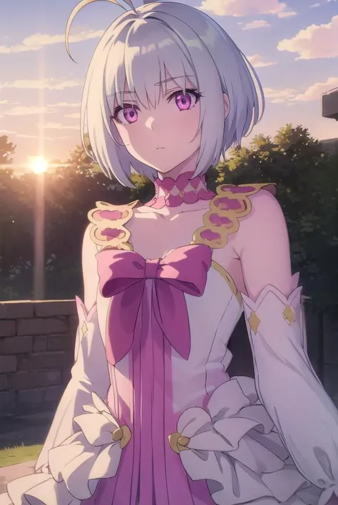fitoria, <lora:fitoria s1-lora-nochekaiser:1>,
fitoria, short hair, white hair, (pink eyes:1.3), ahoge, antenna hair,
BREAK dress, bow, detached sleeves, wings, choker, feathered wings, angel wings, frills, pink bow,
BREAK outdoors, forest, nature, sky, sun, clouds,
BREAK looking at viewer, (cowboy shot:1.5),
BREAK <lyco:GoodHands-beta2:1>, (masterpiece:1.2), best quality, high resolution, unity 8k wallpaper, (illustration:0.8), (beautiful detailed eyes:1.6), extremely detailed face, perfect lighting, extremely detailed CG, (perfect hands, perfect anatomy),