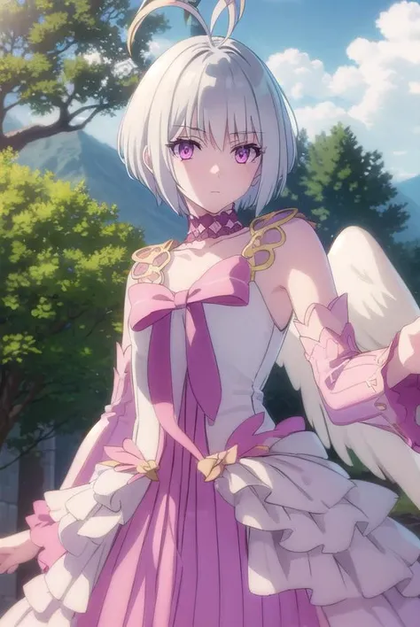 fitoria, <lora:fitoria s1-lora-nochekaiser:1>,
fitoria, short hair, white hair, (pink eyes:1.3), ahoge, antenna hair,
BREAK dress, bow, detached sleeves, wings, choker, feathered wings, angel wings, frills, pink bow,
BREAK outdoors, forest, nature, sky, sun, clouds,
BREAK looking at viewer, (cowboy shot:1.5),
BREAK <lyco:GoodHands-beta2:1>, (masterpiece:1.2), best quality, high resolution, unity 8k wallpaper, (illustration:0.8), (beautiful detailed eyes:1.6), extremely detailed face, perfect lighting, extremely detailed CG, (perfect hands, perfect anatomy),