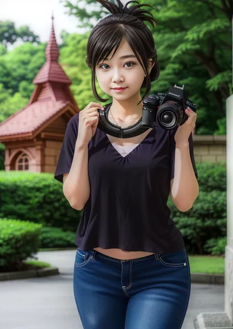 A ((photogenic girl)) standing beside a small decorative monument, holding a DSLR,<lora:Nande Kokoni Sensei Ga:1> nande kokoni sensei ga, solo focus, bokeh, broad daylight, photorealistic masterpiece