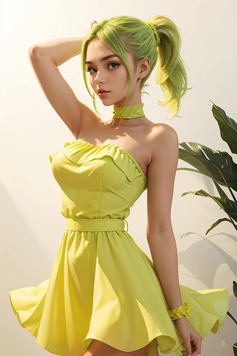 (masterpiece, best quality), 1girl, Light green High Bubble Ponytail with Hair Cuff, Size D breasts, <lora:edgChamYellowSundress:1> edgYSD,woman wearing a yellow sundress