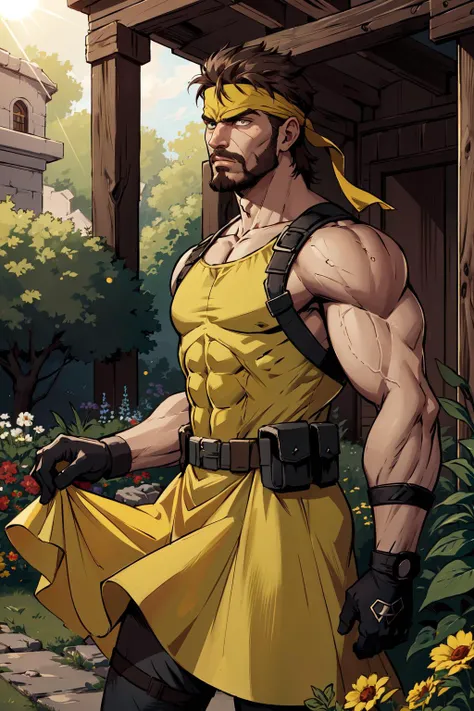 (masterpiece,best quality,absurdres,beautiful,aesthetic,detailed),sunlight, garden,1boy,serious,edgYSD,solid snake wearing a yellow sundress,headband,gloves,facial hair <lora:edgChamYellowSundress:1> <lora:solidsnake-nvwls-v3:0.7>