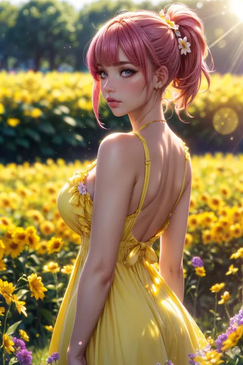 (ultra realistic,32k, masterpiece:1.2),(high detailed skin:1.1),( high quality:1.1),
<lora:PKMN_Misty_Alola_v1:0.8>pkmnmisty, 1girl, solo, blue eyes, orange hair, short hair, side ponytail, bangs, hair tie, hair flower, hibiscus, flower dress, frills, sleeveless,thigh high boots, flower field, outside, blooming flowers, pollen particles,sunshine, blurry background,,(looking at viewer, sitting, crossed legs:1.1),, huge breast,large breast,<lora:add_detail:0.85>,
(backlight:1.1),