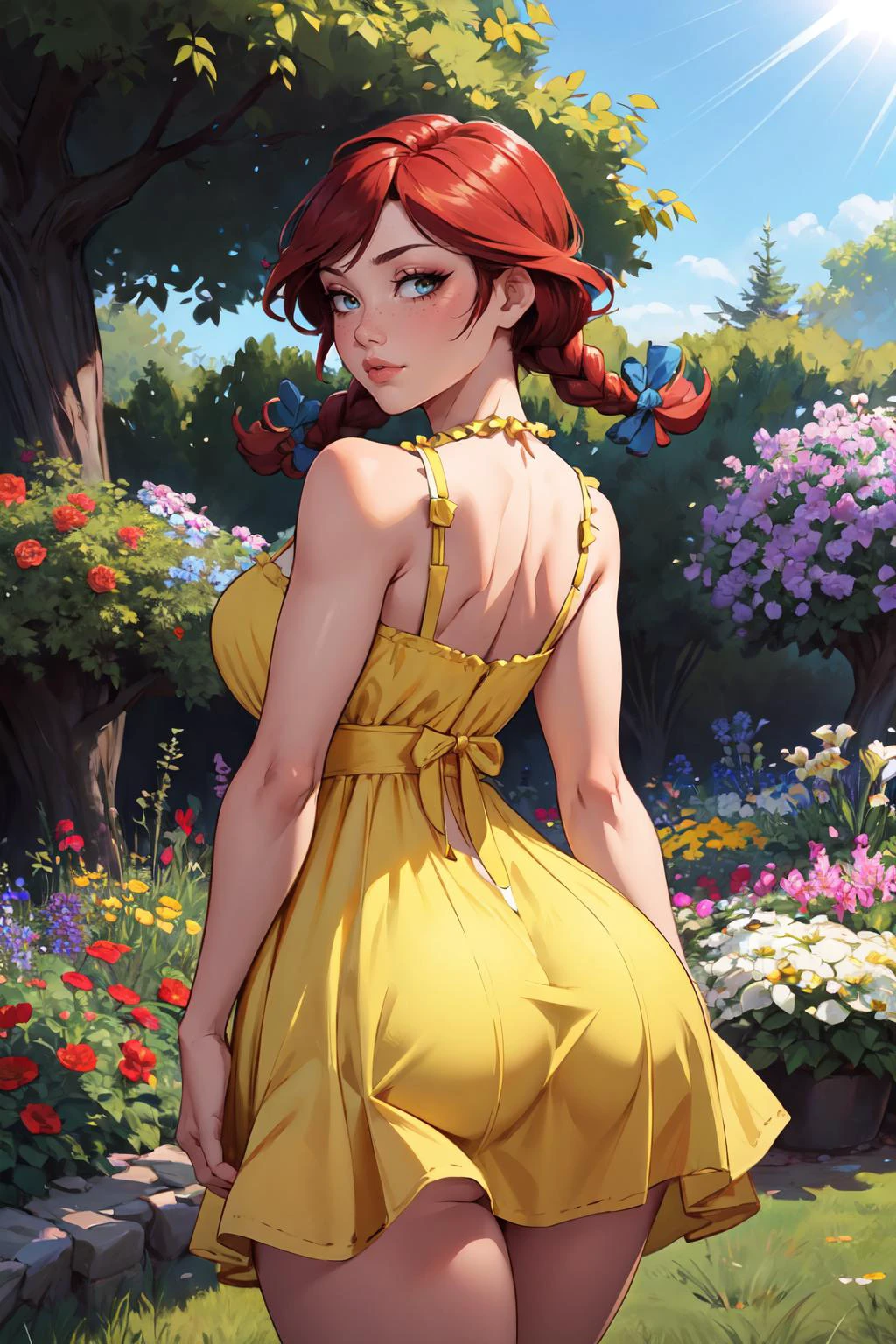 (masterpiece,best quality,edgQuality),outside,garden,flowers,sunlight,big booty,looking at viewer, ffwendys, twin braids, hair bow, woman wearing a yellow sundress,edgYSD <lora:fastfood_wendys:0.8> <lora:edgChamYellowSundress:0.8>