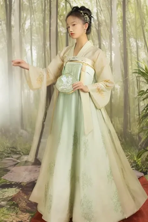 high resolution, high detail, masterpiece,1girl wearing ruqun <lora:AKindOfAncientChinese_v02:0.6> hair long, blonde hair, standing in a forest