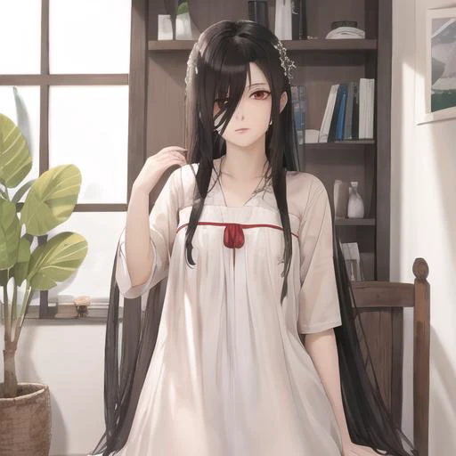 ((masterpiece)),(best quality), absurdres,sadako_yamamura,red eyes,white dress,<lora:Sadakobest:0.7>, <lora:AKindOfAncientChinese_v02:0.4>,ruqun,
