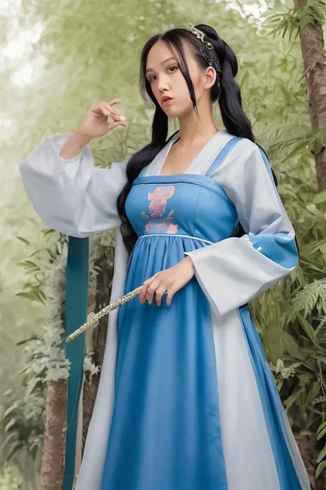 high resolution, high detail, masterpiece,1girl wearing ruqun <lora:AKindOfAncientChinese_v02:0.3> hair long, blonde hair, standing in a forest blue sky cloudy