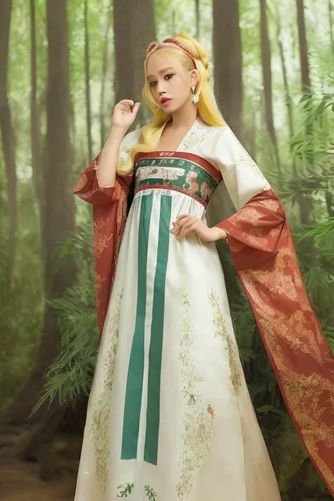 high resolution, high detail, masterpiece,1girl wearing ruqun <lora:AKindOfAncientChinese_v02:0.3> hair long, blonde hair, standing in a forest