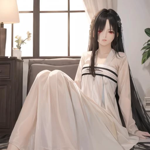 ((masterpiece)),(best quality), absurdres,sadako_yamamura,red eyes,white dress,<lora:Sadakobest:0.7>, <lora:AKindOfAncientChinese_v02:0.4>,ruqun,