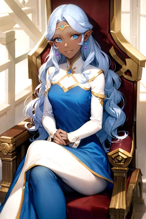 masterpiece, best quality,1girl, <lora:allura-14:1>, alluraVoltron, dress, blue dress earrings, forehead jewel, sitting, throne long hair, wavy hair, light smile, looking at viewer,