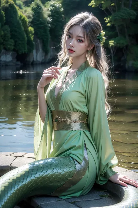 masterpiece,best quality,ultra-detailed,1girl,white hair,green clothes,md,(green1.2) snake,by the lake,<lora:5:0.6>,chinese clothing,
