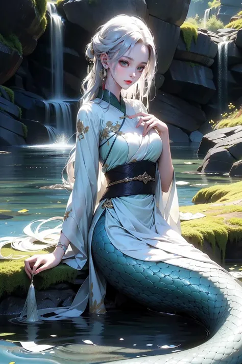 masterpiece,best quality,ultra-detailed,1girl,white hair,white clothes,md,(green1.2) snake,by the lake,<lora:5:0.6>,chinese clothing,