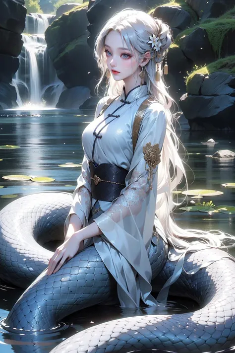 masterpiece,best quality,ultra-detailed,1girl,white hair,white clothes,md,(white1.2) snake,by the lake,<lora:5:0.6>,chinese clothing,