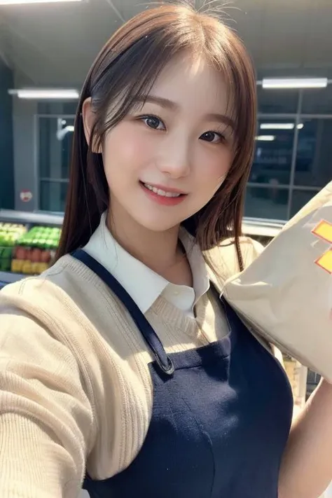 1girl, happy, smiling, (at supermarket:1.2), ((student uniform:1.2)), RAW photo, (photorealistic:1.37, realistic), highly detailed CG unified 8K wallpapers, looking at viewer, (((straight from front))), (HQ skin:1.8, shiny skin), 8k uhd, dslr, soft lighting, high quality, film grain, Fujifilm XT3, ((upper body:1.6)), (professional lighting:1.6)