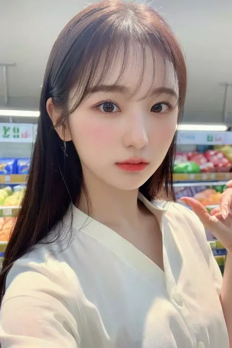 1girl, (at supermarket:1.2), ((white shirt:1.2)), RAW photo, (photorealistic:1.37, realistic), highly detailed CG unified 8K wallpapers, looking at viewer, (((straight from front))), (HQ skin:1.8, shiny skin), 8k uhd, dslr, soft lighting, high quality, film grain, Fujifilm XT3, ((upper body:1.6)), (professional lighting:1.6)