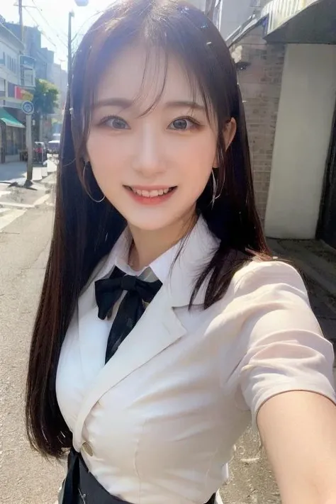 1girl, happy, smiling, (at street:1.2), ((office uniform:1.2)),night, RAW photo, (photorealistic:1.37, realistic), highly detailed CG unified 8K wallpapers, looking at viewer, (((straight from front))), (HQ skin:1.8, shiny skin), 8k uhd, dslr, soft lighting, high quality, film grain, Fujifilm XT3, ((upper body:1.6)), (professional lighting:1.6)