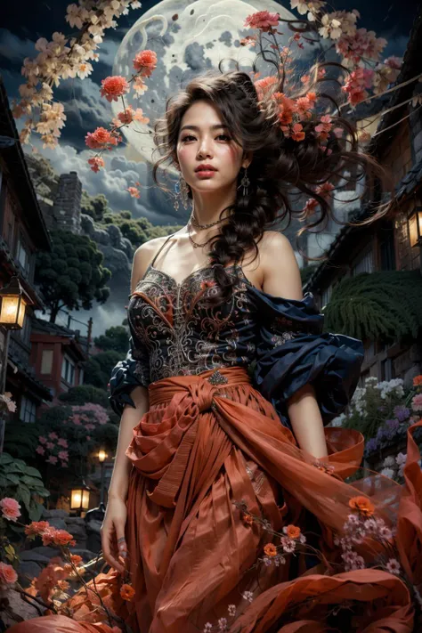 (realistic:1.3), finely detailed, quality, rembrandt lighting, (masterpiece:1.2), (photorealistic:1.2), (best quality), (detailed skin:1.3), (intricate details), dramatic, ray tracing, 1girl, japanese girl, 21 years old, smiling, detailed skin texture, (blush:0.5), (goosebumps:0.5), subsurface scattering, bj_elegant, very long hair, braided hair ring, hair loops, parted bangs, windswept, floating hair, medium breasts, ornate, flowers, ribbons, frills, lace, dress, necklace, earrings, hair ornaments, (full moon, clouds, flowers, garden, cowboy shot),  <lora:elegant:0.7>