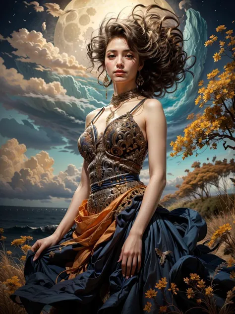 (realistic:1.3), finely detailed, quality, rembrandt lighting, (masterpiece:1.2), (photorealistic:1.2), (best quality), (detailed skin:1.3), (intricate details), dramatic, ray tracing, 1girl, japanese girl, 21 years old, smiling, detailed skin texture, (blush:0.5), (goosebumps:0.5), subsurface scattering, bj_elegant, long hair curls, parted bangs, windswept, floating hair, medium breasts, (purple and gold:1.3), intricate, elegant, ornate, flowers, ribbons, frills, lace, dress, necklace, earrings, hair ornaments, (full moon, clouds, flowers, garden, cowboy shot), (ocean:1.3), <lora:elegant:0.7>