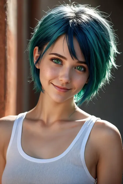 a beautiful blue haired girl, short hair, beautiful detailed deep green eyes, shy smile, white tank top, portrait, ultra realistic, 
(masterpiece:1.2), (best quality:1.2), ultra-detailed, best shadow, detailed background, high contrast, (best illumination, an extremely delicate and beautiful), ((cinematic light)), hyper detail, dramatic light, intricate details, 8k, very aesthetic,