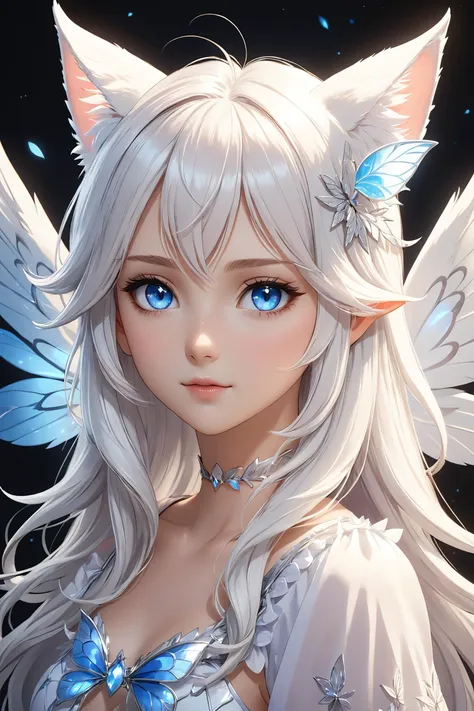 a young white girl in a fairy outfit with white cat ears and wings, 1girl, solo, long hair, blue eyes, wings, looking at viewer, animal ears, upper body, hair ornament, white hair, closed mouth, looking at viewer, (masterpiece, best quality, ultra-detailed, best shadow), detailed background, (beautiful detailed face), high contrast, (best illumination, an extremely delicate and beautiful), ((cinematic light)), hyper detail, dramatic light, intricate details, 8k, anime, very aesthetic,