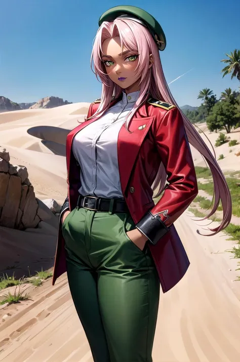 (masterpiece, best quality, detailed), 1girl, solo, ingrid, looking at viewer,
military uniform, military, soldier, metal, military hat, green jacket, belt, green pants, camouflage, desert, sand, dust, sun, hands in pockets, serious