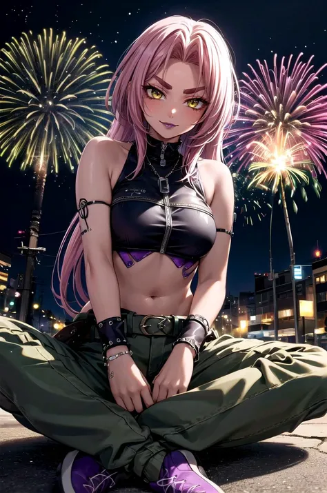 (masterpiece, best quality, detailed), 1girl, solo, looking at viewer, hkingrid, dark skin, purple lipstick,
<lora:edgGrungeFreestyle:1>, (edgGrunge, wearing edgGrunge fashion:1.1), cargo pants, sunglasses, multiple belts, fireworks, aerial fireworks, festival, night sky, indian style, hands on feet, smile, closed mouth, smug, v-shaped eyebrows, sitting