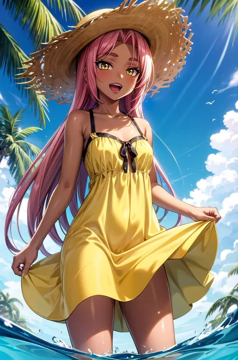 (masterpiece, best quality, detailed), 1girl, solo, looking at viewer, hkingrid, dark skin, purple lipstick,
sundress, sun hat, yellow dress, outdoors, beach, ocean, blue sky, horizon, palm tree, night, fisheye, wading, splashing, smile, open mouth