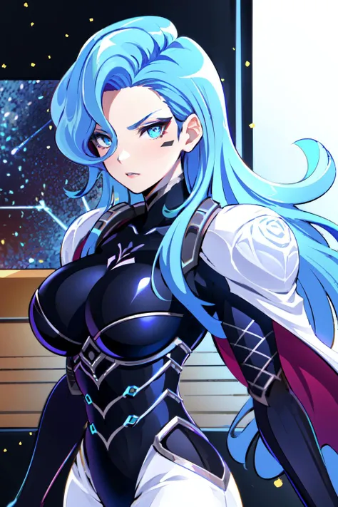 (estelle:1.1), ((masterpiece)), (best quality), 1girl, (serious:0.9), (elegant:1.2), ((beautiful)), (perfect face), ((solo)), blue hair, [breasts], (detailed blue eyes), blue lips, long hair, looking at viewer, bodysuit, shoulder armor, armor, makeup, (indoors), (space station interior), (simple interior), simple background, ((symmetrical clothing)), (large breasts:0.8), perfect face
<lora:estelle_20:0.8>