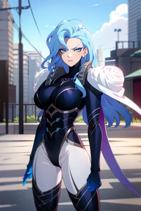 girl (estelle:1.1), ((masterpiece)), (best quality), 1girl, (serious), (elegant), ((solo)), blue hair, [breasts], blue eyes, blue lips, long hair, looking at viewer, bodysuit, shoulder armor, armor, makeup, outdoors, (large breasts:0.8)
<lora:estelle_20:0.8>  <lora:epiNoiseoffset_v2:0.6>