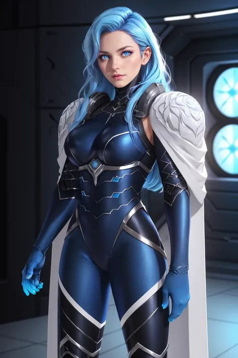 professional photo of estelle, blue hair, blue eyes, blue lips, long hair, looking at viewer, bodysuit, shoulder armor, armor, makeup,
detailed skin, detailed eyes, space station interior,
photo made with Canon EOS in naturalistic style photography,
popular on artstation, popular on deviantart, popular on flicker,
<lora:estelle_20:0.75:MIDD>