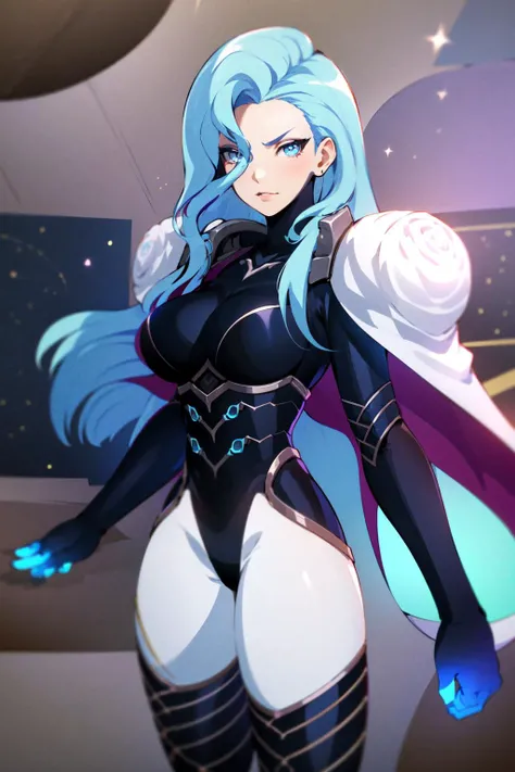girl (estelle:1.1), ((masterpiece)), (best quality), 1girl, (serious:0.9), (elegant:1.2), ((beautiful)), (perfect face), ((solo)), blue hair, [breasts], (detailed blue eyes), blue lips, long hair, looking at viewer, bodysuit, shoulder armor, armor, makeup, (indoors), (space station interior), (simple interior), simple background, ((symmetrical clothing)), (large breasts:0.8), perfect face
<lora:estelle_20:0.9>  <lora:epiNoiseoffset_v2:0.4>