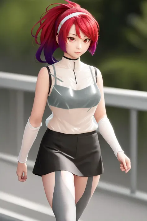 masterpiece, best quality, highres, 1girl neneko isurugi red hair hairband, black bra shirt see-through detached sleeves white sleeves grey thighhighs black skirt <lora:neneko_isurugi:1> standing, photorealistic