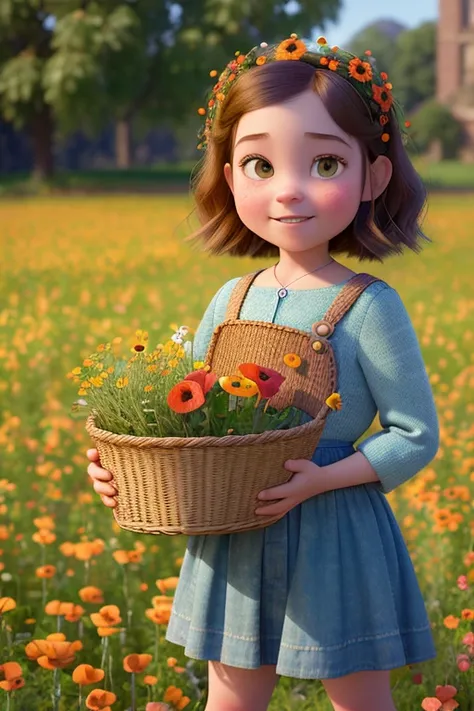 (pixarstyle:1.25) a waist-length portrait of a girl with a basket of flowers, overgrown with poppy flower, natural skin texture, 4k textures, hdr, intricate, highly detailed, sharp focus, cinematic look, hyperdetailed <lora:pixarStyleModel_lora128:1>