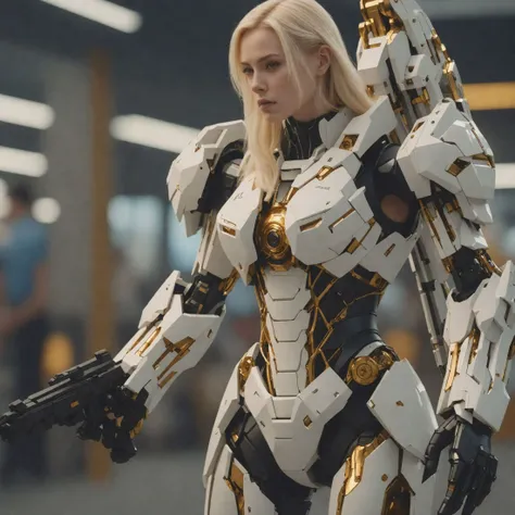 cinematic photo long shot portrait of a (White) ivory mechanical warmachine (with beautiful blonde women inside) with (gold) and (black) on a scifi battlefield , high details, sci-fi, subsurface scattering, hyper realistic, concept art, illustration, extremely detailed, extremely intricate, extremely sharp lines, sharp focus, fascinating, 4k, 8k, smooth, masterpiece, award-winning, art by jim lee, art by wlop, full body shot, . 35mm photograph, film, bokeh, professional, 4k, highly detailed