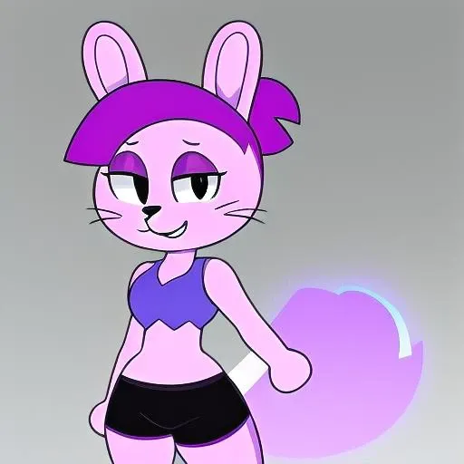 <lora:enid-08:0.8>, enid, 1girl, purple hair, solo, smile, shorts, crop top, midriff, rabbit girl, furry female,
