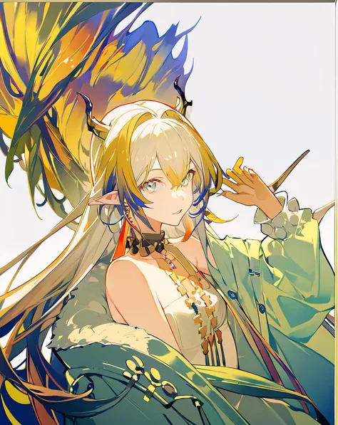 <lora:shu:0.7>,solo,1girl,long_hair,looking_at_viewer,pointy_ears,bare_shoulders,multicolored_hair,jewelry,horns,masterpiece,best quality,highres,absurdres,